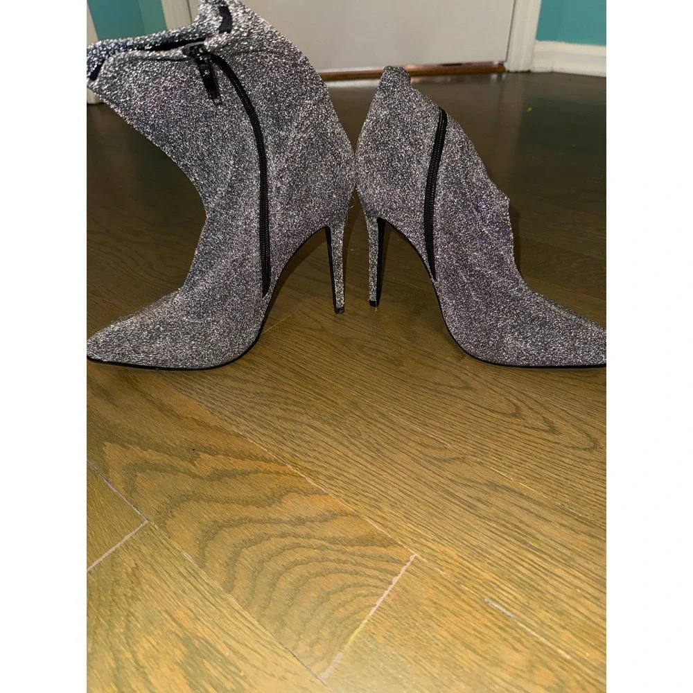 Vicky Silver Glitter Ankle Boots Pointed Toe Stiletto Heel Metallic Booties 10